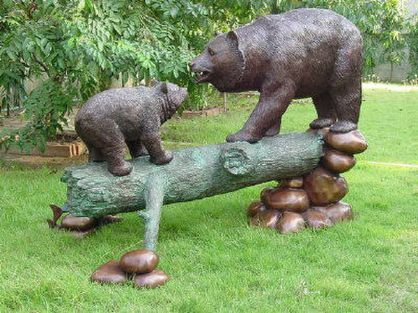 Life size Bronze Bear Sculpture On Log With Cub